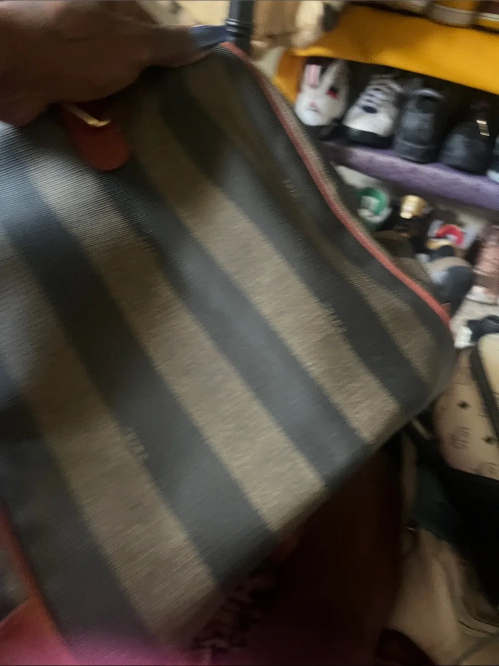 Fendi Olive and Black Striped Hobo with Brown Leather Trim